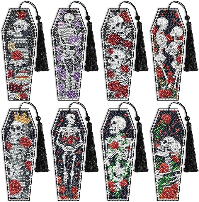 8 Pcs Gothic Skeleton Diamond Art Bookmarks Kit, Skull Halloween Diamond by CRASHOT