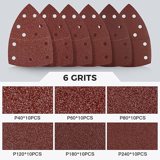 S SATC 60 PCS Mouse Sander Sandpaper 11 Holes Detail Sander Sandpaper Palm Sander Paper Hook and Loop Sander Pads Triangular Sanding Sheets Assorted 40/60/80/120/180/240 Grit
