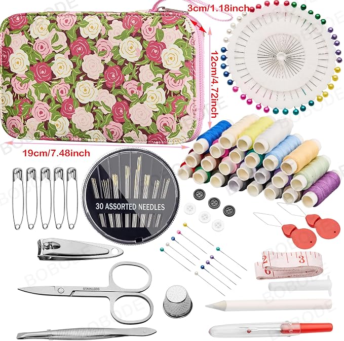Rose Floral Sewing Kit with 130 PCS Sewing Supplies Accessory, PU Zipper Sewing - Image 2