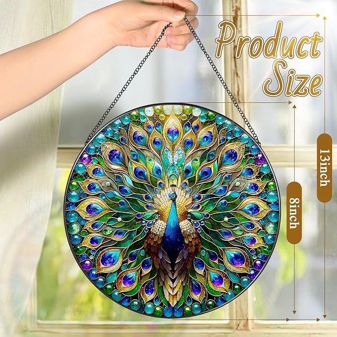 Stained Glass Window Hanging, LAOWEIKI 8'' Peacock Suncatcher, Stained Glass - Image 4