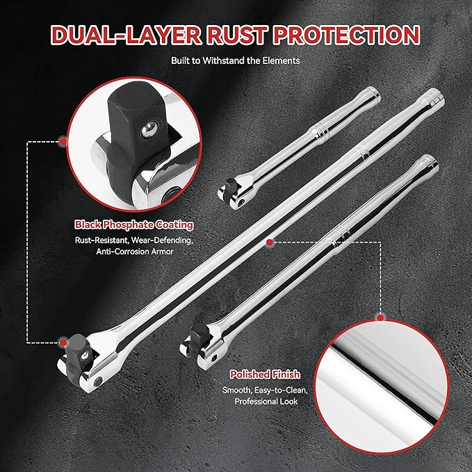 10-Piece Breaker Set - 3/8", "1/2", "1/4" Breaker Bars, 180 Rotatable Head, 3 Extension Bars, 6"-15" Lengths, Organizer Case