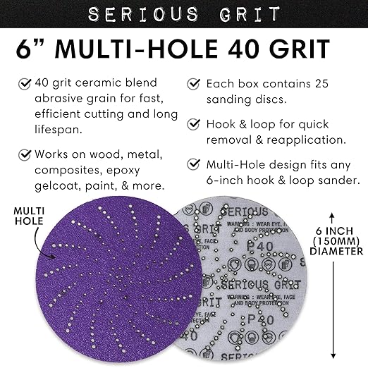 6-Inch 40 Grit Ceramic Multi-Hole Hook & Loop Sanding Discs - Advanced Grain for Fast Cutting & Long Life - Film-Backed Universal Fit Sandpaper for 6-in Sanders - 25 Pack Box