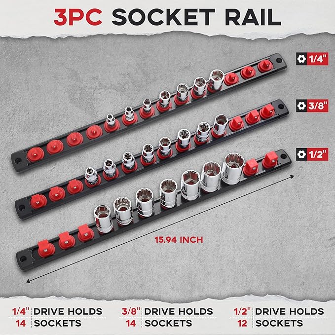 3-Piece Magnetic Socket Organizer, Heavy Duty Aluminum Socket Rails Organizer, 360° Swivel Clips Socket Holder Kit for Tool Box, 1/2, 3/8, 1/4-Inch Socket Holder x 40 Clips (Red)