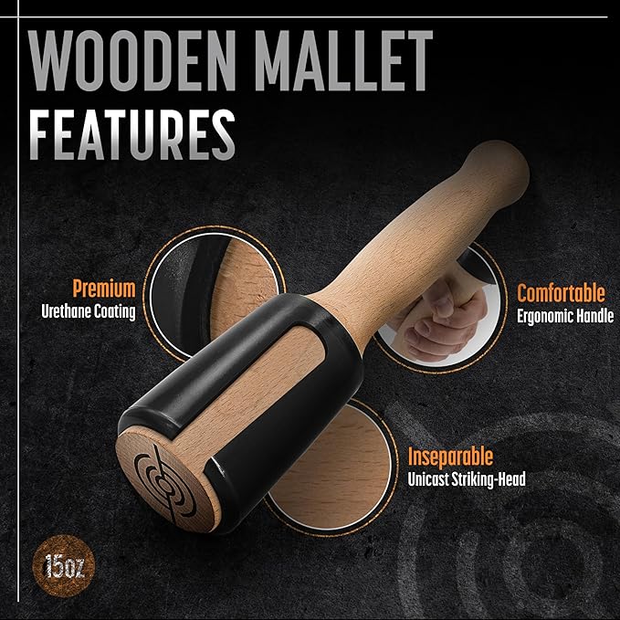 Precision Wood Carving Mallet 15oz for Woodworking, Comfortable Wooden Handle Reduces Hand Fatigue, Non-Marring Urethane Head Protects Tools, Chisel Hammer from Schaaf Tools