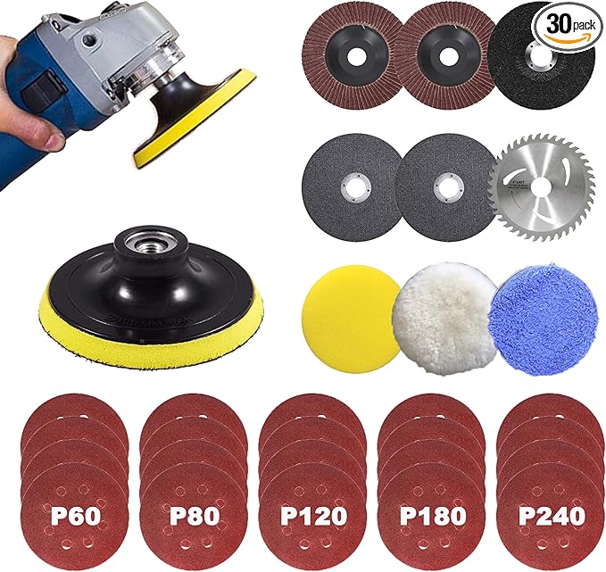 30 Packs Angle Grinder Attachments, Hook and Loop Backing Pad, Flap Disc, Aluminum Oxide Disc, Cutting Disc, Saw Blade, Polishing Sponge, Sandpaper, 5 Inch for Wood Metal Sanding, Polishing, Cutting