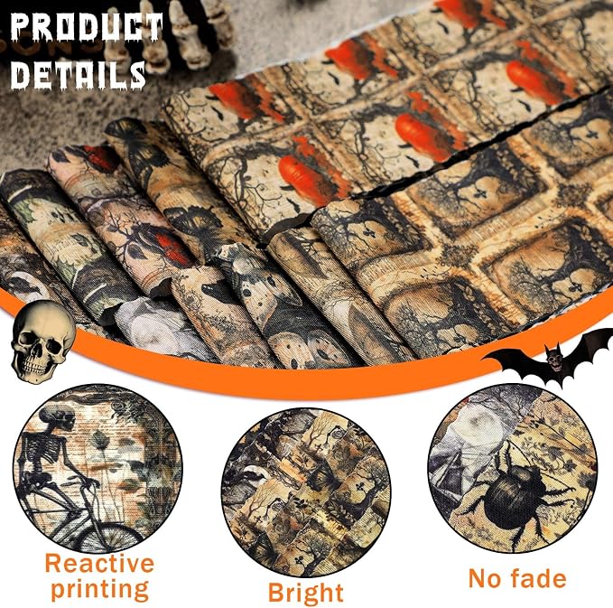 Hosuly 40 Pcs Vintage Halloween Fabric Gothic Fabric Skeleton Crow Butterfly - Image 5
