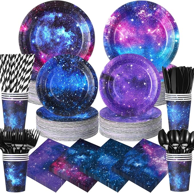 450 Pcs Space Galaxy Tableware Set Decorations, Starry Sky Paper Plates Napkins by Unknown