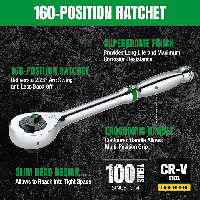 SK 1/4" Drive Ratchet Handle, 160-Position 2 Pawl Ratchet, Premium CR-V Construction, with Contoured Handle