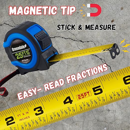 Greendale - 6 Pack - 25 ft Tape Measures - Easy to Read Fractions to 1/8th inch - Magnetic Tip - Thumb and Quick Lock - Autowind - Belt Clip - Blue