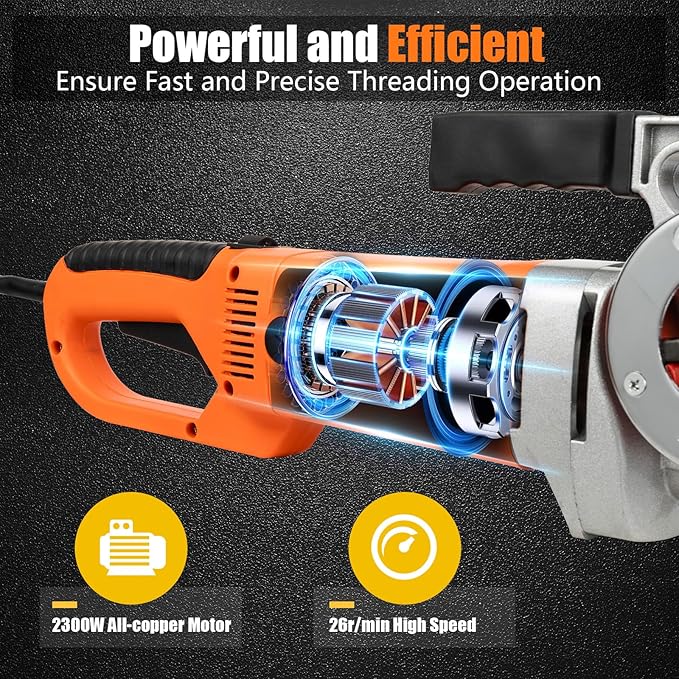 110V Electric Pipe Threader with 6 Dies 1/2"-2", Portable Pipe Treading Machine with All-copper Motor, Hand-held Pipe Treading Kit with Carrying Case for Galvanized pipe, Iron & Steel Pipes, 2300W