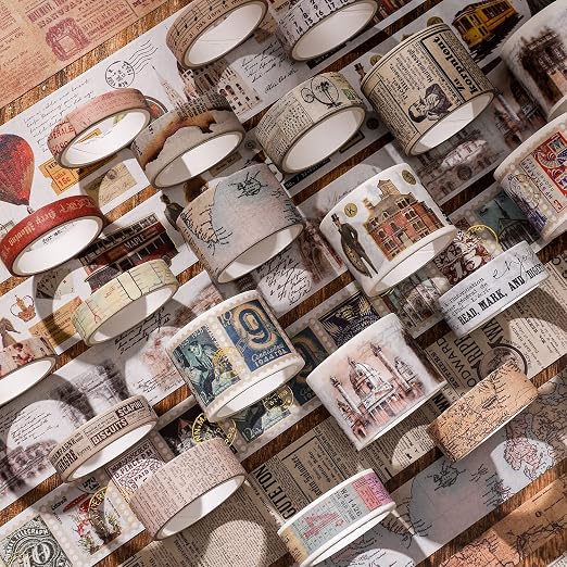 24 Rolls Vintage Washi Tape Set, Antique Car Buildings Map Stamp Stripe - Image 8