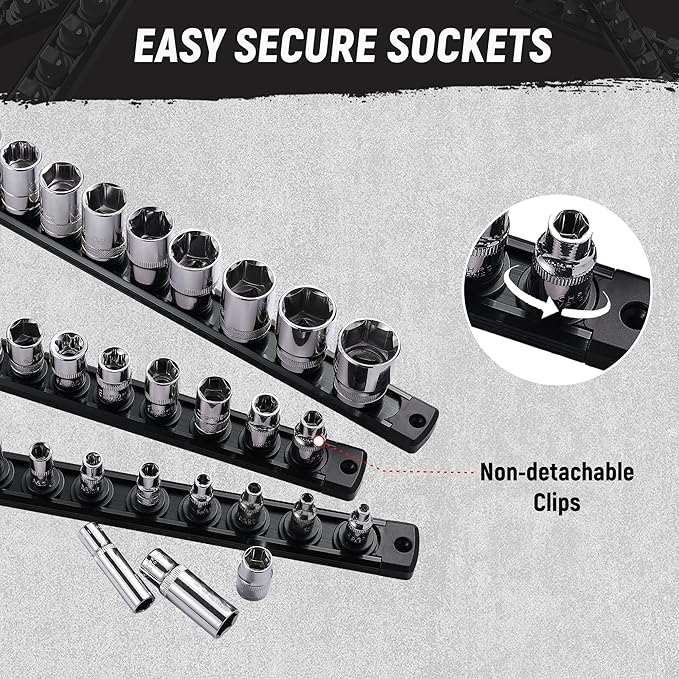 ALOANES Magnetic Socket Organizer Set, 3-Piece Heavy Duty Aluminum Socket Holder Socket Rail Organizer for Tool Box, 360°Swivel Clips Socket Rack 1/4, 3/8, 1/2-Inch x 40 Clips (Black)