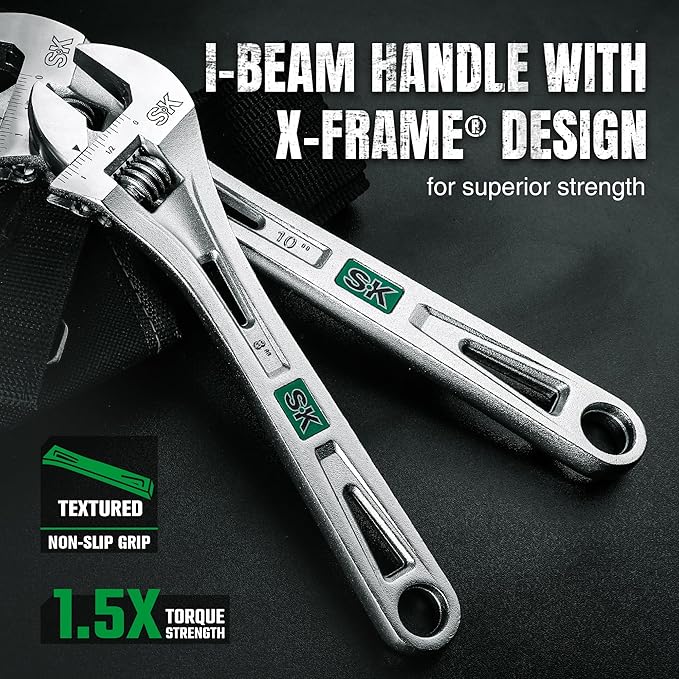 SK 8-Inch Adjustable Wrench, 1" Jaw Capacity, Cr-V Steel, SAE&Metric Scales