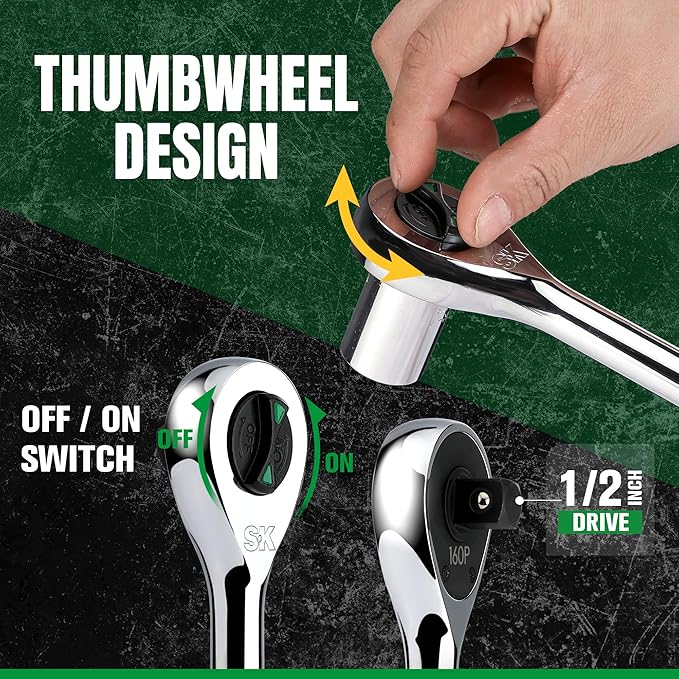 SK 1/2" Drive Ratchet Handle, 160-Position 2 Pawl Ratchet, Premium CR-V Construction, with Contoured Handle