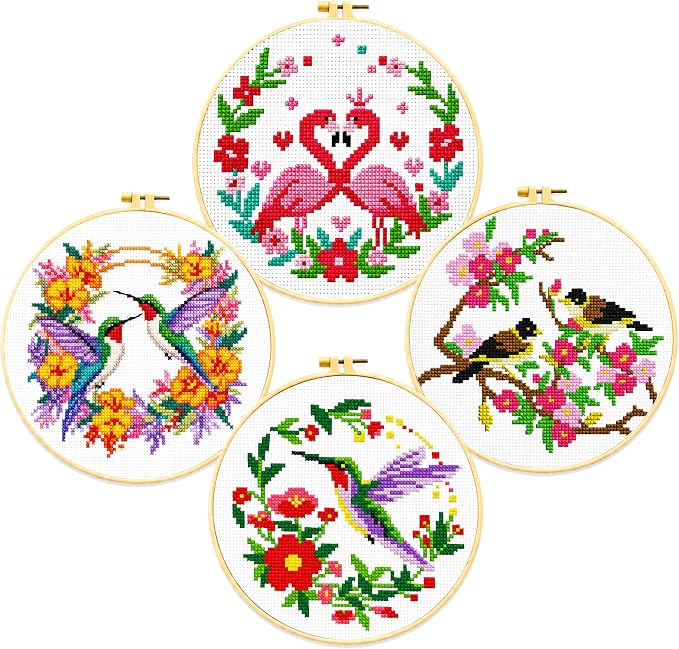 Zhenqing Cross Stitch Kit for Beginners 4 Pack Bird Floral Embroidery Kit 11CT by ZhenqingHomeFlagship