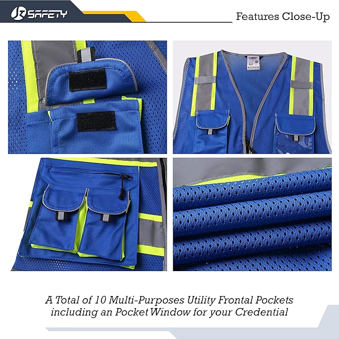 JKSafety 10 Pockets Hi-Vis Neon Color Frontal Zipper Mesh Safety Vest for Men Women Safety Utility for works Comply to ANSI/ISEA Standards (86-Blue 3XL)