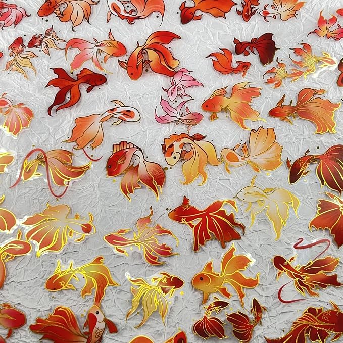 50PCS Gold Stamp Stickers Goldfish Aesthetic PET Travel Journal Decal - Image 7