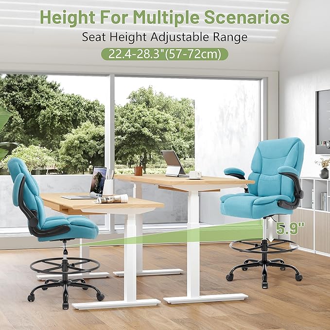 500LBS Drafting Chair, High Back Safer Standing Desk Chair, Executive Tall Office Chair with Flip-up Armrests, Upholstered Fabric Task Chair, Ergonomic Seat with Adjustable Height&Foot Ring, Blue