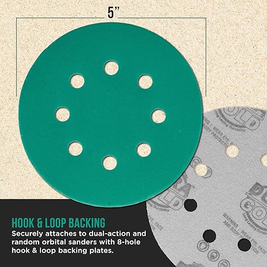 Dura-Gold Premium 320 Grit 5" Green Film Sanding Discs, 8-Hole Pattern, Box of 50 - Dustless Hook & Loop Backing Sandpaper for DA & Random Orbital Sanders, Sand Automotive Paint Woodworking Furniture