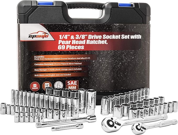 EPAuto 69 Pieces - 1/4" & 3/8" Drive Socket Set with Pear Head Ratchet, Chrome (92-824)