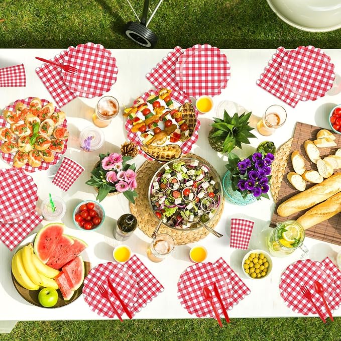 168 Pcs Red Gingham Checkered Party Supplies Scalloped Red and White Checkered - Image 5