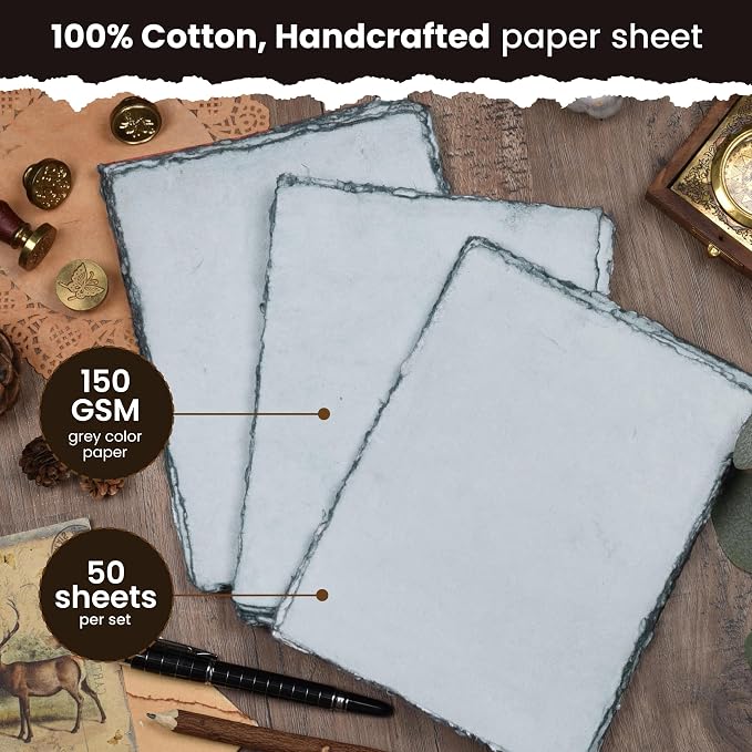LEATHER VILLAGE Grey Deckled Edge Handmade Watercolor Paper 9.5x12.5 | 50 - Image 2