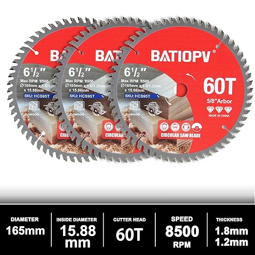 Circular Saw Blades 6-1/2 Inch 3-Pack, 60T for Wood Cutting – Ideal for Hardwood, Plywood, Chipboard – Precision Carbide-Tipped Saw Blades for Smooth Finish