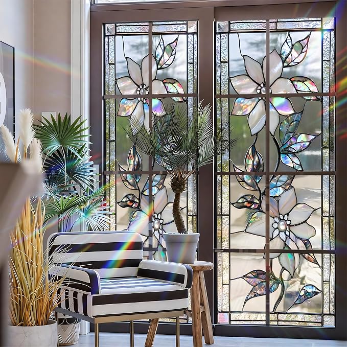 Stained Glass Window Privacy Film: Non-Adhesive Sun and Landscape Mosaic Design - Image 3