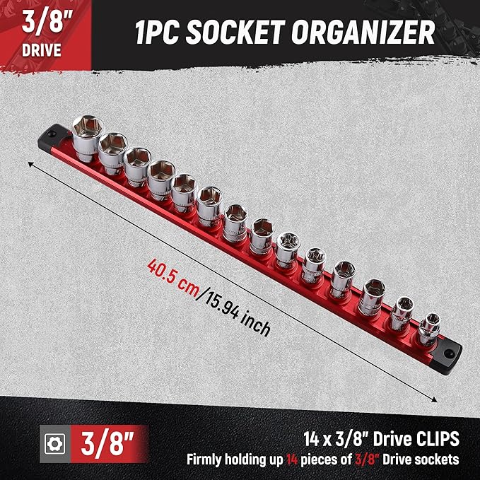 ALOANES Magnetic Socket Organizer, 3/8-Inch Drive Aluminum Socket Holder Socket Tray, Heavy Duty Socket Rail Organizer for Tool Box Drawer, 360°Swivel Clips Socket Rack 3/8-Inch x 14 Clips (Red)