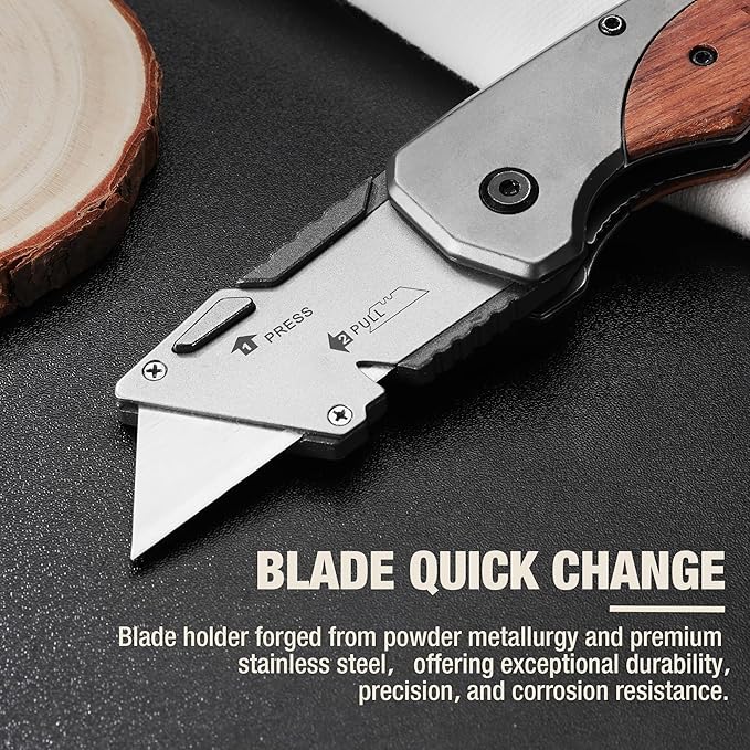 WORKPRO Folding Utility Knife & EDC Pocket Knife, Quick-Change Wood Handle Razor Box Cutter and Foldable Knife Kit with Extra 10PC SK5 Blades for Indoor and Outdoor Activities