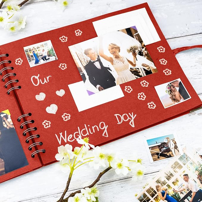 Bstorify Square Scrapbook Photo Albums 50 Pages Red Thick Paper, Ribbon Closure - Image 7