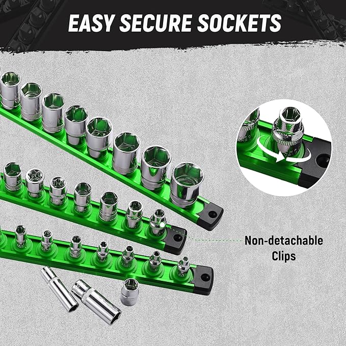 ALOANES Magnetic Socket Organizer, 1/2-Inch Drive Aluminum Socket Holder Socket Tray, Heavy Duty Socket Rail Organizer for Tool Box Drawer, 360°Swivel Clips Socket Rack 1/2-Inch x 12 Clips (Green)