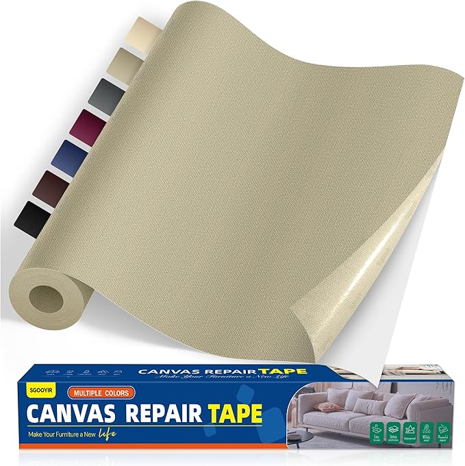 Self-Adhesive Canvas Repair Tape, 16" x 40" Waterproof Canvas Repair Patch, Fabric Patch Repairs Kit for Furniture, Tents, Sunbrellas, Boat Covers Awnings, Couches, Clothes, Bags Khaki