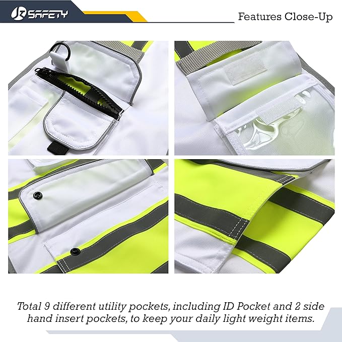 JKSafety 9 Pockets High Visibility Zipper Front Safety Vest | White with Dual Tone High Reflective Strips | Meets ANSI/ISEA Standards (901-White, Medium)