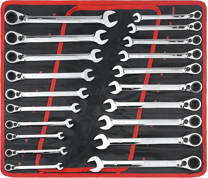 TRUE MECHANIC™ 20 Pc. Reversible Ratcheting Combination Wrench Set, Non-Slip, Long Pattern, SAE, Metric, Professional, With Portable Roll-Up Pouch Bag…