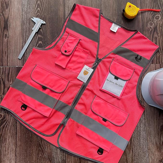 TCCFCCT Mesh Pink Safety Vest for Men Women 9 Pockets High Visibility Reflective Vest for Safety, Work Vest with Reflective Strips, Meets ANSI/ISEA Standards, Large