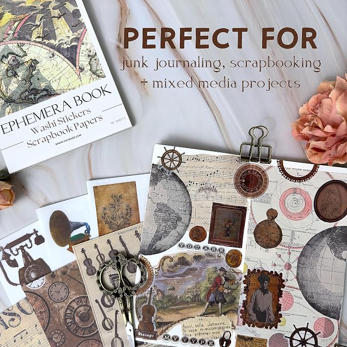 Fayware 411 Vintage Washi Stickers & 20 Scrapbook Papers Ephemera - Image 2