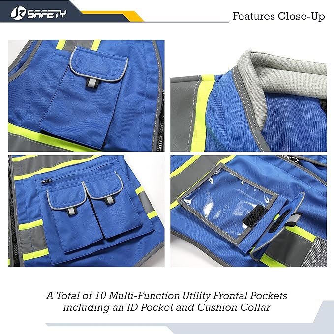 JKSafety 10 Pockets Hi-Vis Zipper Front Fluorescent Blue Safety Vest | Cushioned Collar | High Reflective Tapes with Extended Neon Yellow Strips | Meets ANSI/ISEA Standards (5X-Large, 89-Blue)