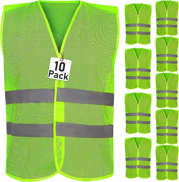 Safety Vest - 10 Pack and 15 Pack - High Visibility Vest for Everyday Use, Lightweight, Comfortable and Breathable