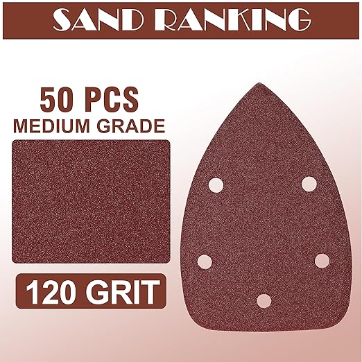 120 Grit Mouse Sander Sandpaper, Jamiikury 5 Hole Detail Sander Sandpaper Palm Sander Paper Mouse Sanding Pads Hook and Loop Sanding Sheets - Pack of 50