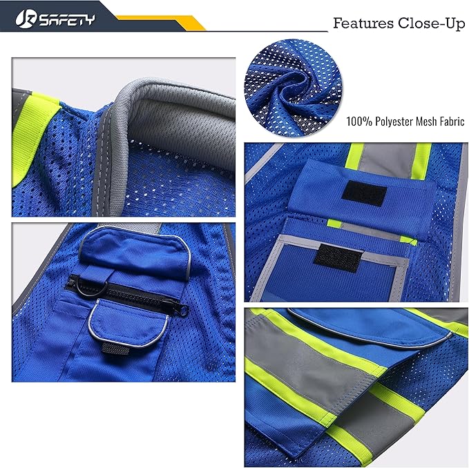 JKSafety 9 Pockets Hi-Vis Safety Vest Breathable Mesh Fabric Cushioned Collar Work Utility PPE Lightweight Industrial Work Gear ANSI/ISEA compliant (101-Blue L)