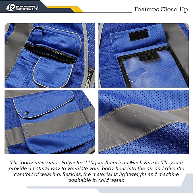 JKSafety 9 Pockets High Visibility Safety Vest for Men and Women, Hi-Vis Reflective Blue Safety Vests with Zipper Front, Meet ANSI/ISEA Standards (159-Blue 3XL)