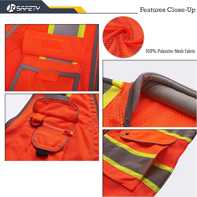 JKSafety 9 Pockets Hi-Vis Safety Vest Breathable Mesh Fabric Cushioned Collar Work Utility PPE Lightweight Industrial Work Gear ANSI/ISEA compliant (101-Orange XL)