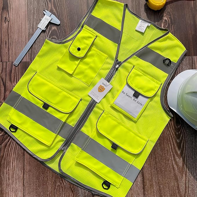 TCCFCCT Mesh High Visibility Vest 9 Pockets Reflective Safety Vest for Men Women, Hi Vis Construction Vest with Reflective Strips, For Workers, Surveyors, Meet ANSI/ISEA Standards, (Yellow, X-Large)