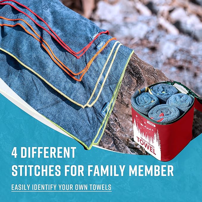 4Monster 4 Pack Microfiber Camping Towel Quick Dry, Super Absorbent Travel Towel with Waterproof Bag, Lightweight Boat Towel for RV, Sport, Gym, Beach, Pool, Swim,Family Trip