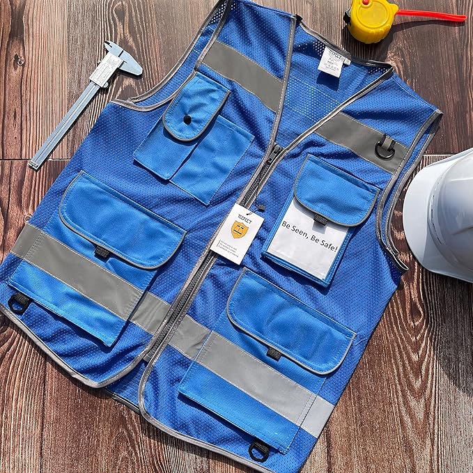 TCCFCCT Mesh Reflective Vest 9 Pockets High Visibility Safety Vest for Men Women, Hi Vis Construction Vest with Reflective Strips, Meets ANSI/ISEA Standards, (Blue, Small)